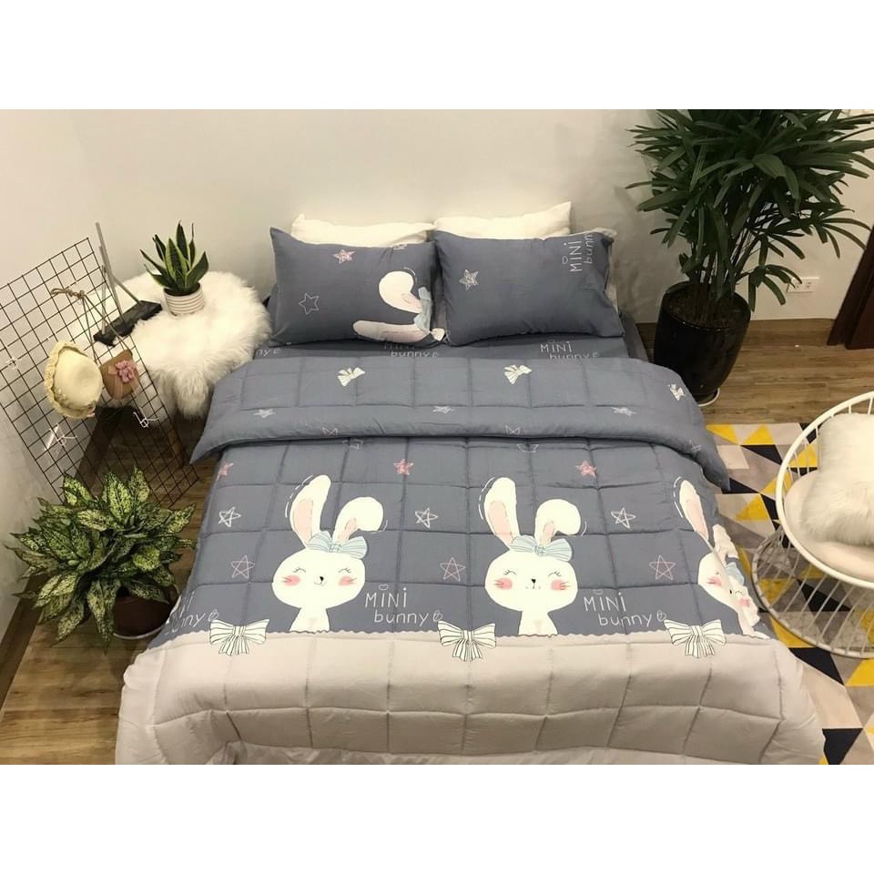 [Hàng Loại 1] Trọn Bộ 5 Món Ga Gối Chăn Phao COTTON POLY mẫu Thỏ Kính