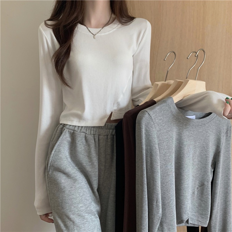 IELGY    Áo Thun Tay Dài Dáng Ngắn Lệch Tà Thời Trang Cho Nữ