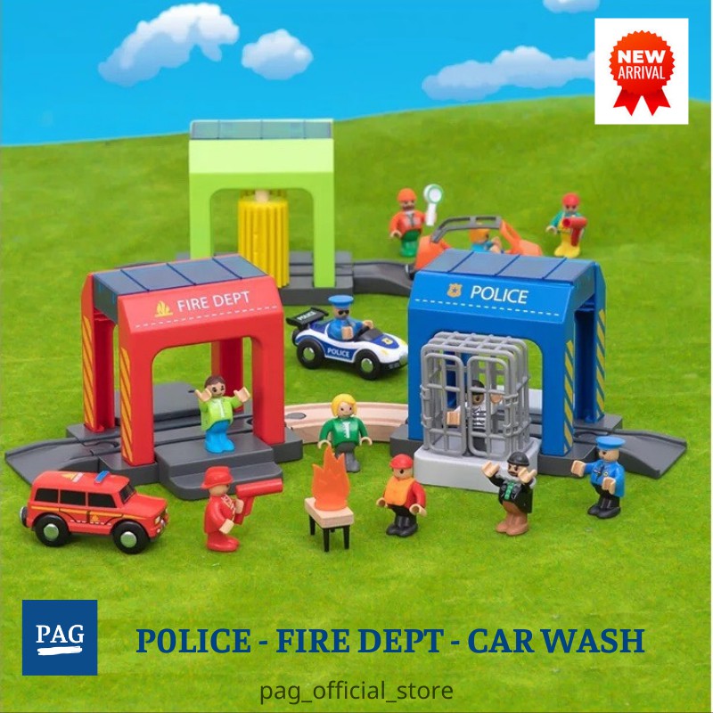 Trạm Cứu Hỏa, Cảnh Sát, Rửa Xe Car Wash, Phụ kiện chơi cùng đường ray xe lửa gỗ