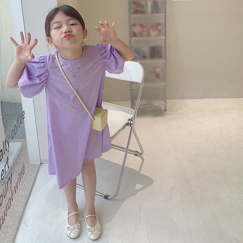 Đầm Tay Ngắn Phồng Thắt Nơ Sau Lưng Cho Bé Gái