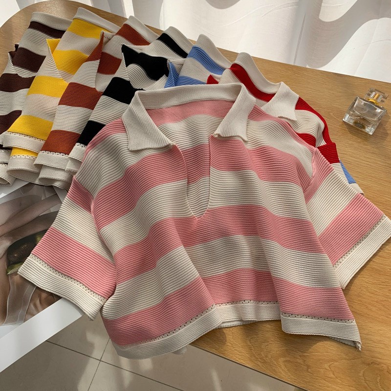 Áo croptop kẻ sọc form rộng nữ chất len mongtogi cổ bẻ hàng Quảng Châu 100% nhiều màu lựa chọn [ảnh shop chụp ở cuối]