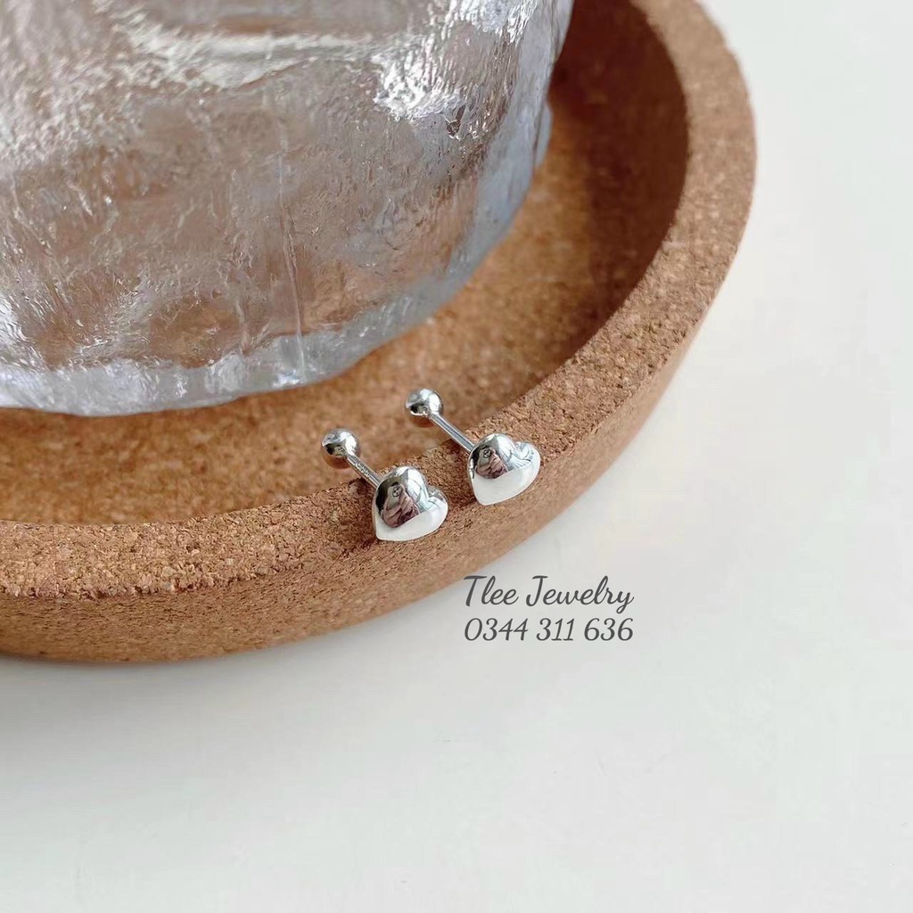 Khuyên tai bạc nữ TLEE tim phồng mini chốt bi vặn bạc 925 cao cấp xinh xắn TleeJewelry B0286