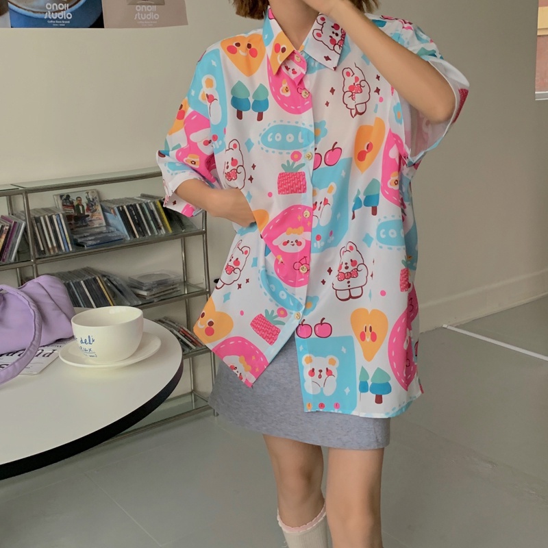 Áo Sơ Mi Tay Ngắn Dáng Rộng In Họa Tiết Dễ Thương Thời Trang Mùa Hè Cho Nữ