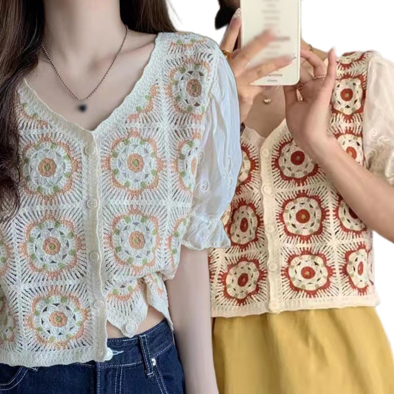 Brroa Áo Croptop Ngắn Tay Cổ Chữ V Họa Tiết Thêu Hoa Nhiều Màu Phong Cách Vintage Pháp Cho Nữ