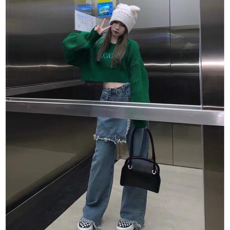 Áo len màu xanh dáng croptop, áo len màu xanh dáng ngắn