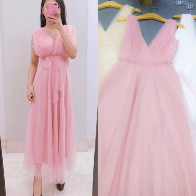 Đầm voan maxi thắt nơ eo