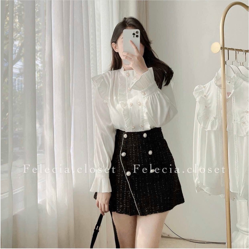 Áo sơ mi bèo dập li khuy ngọc hot