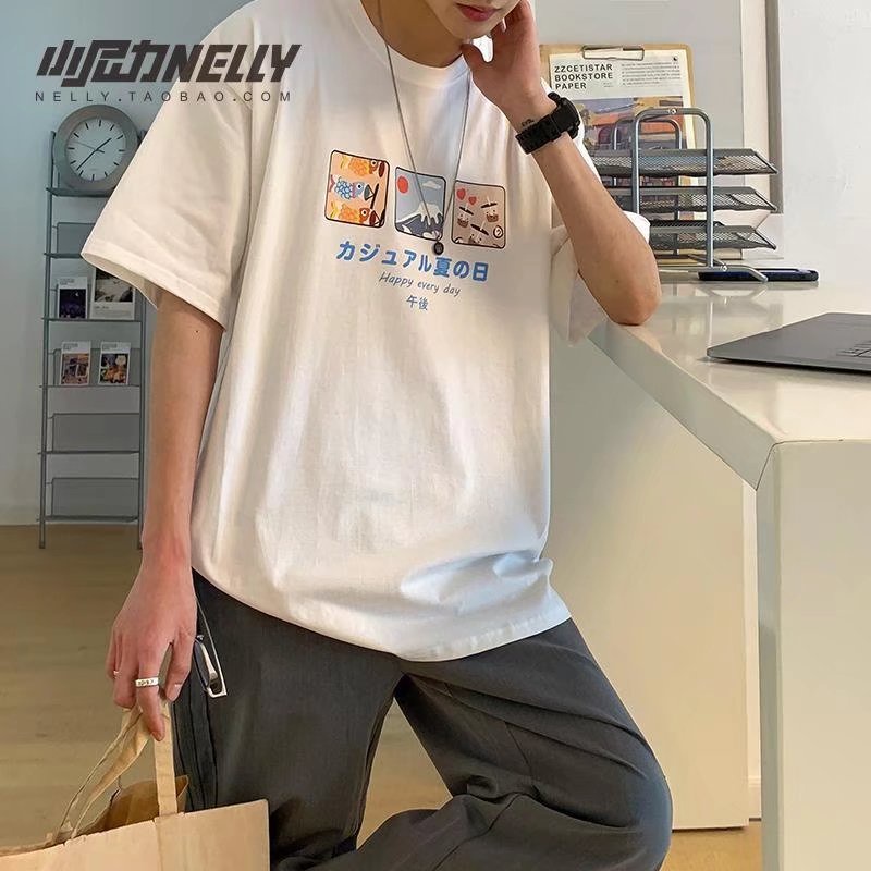 Áo thun 100% cotton tay ngắn dáng rộng in họa tiết hoạt hình phong cách Nhật Bản cho nam và nữ size M-3XL