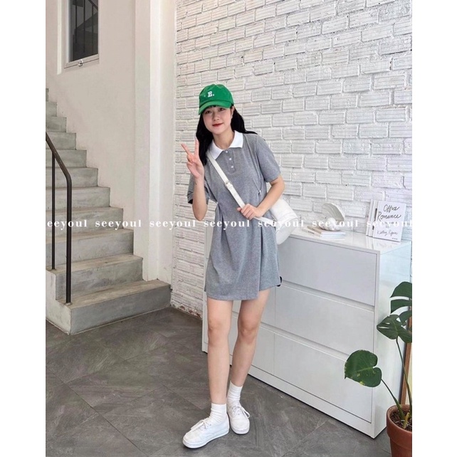 [Ảnh thật/Video] VÁY POLO CÀI EO HOT ĐỈNH Đầm polo dáng suông cách điệu eo Hàn Quốc