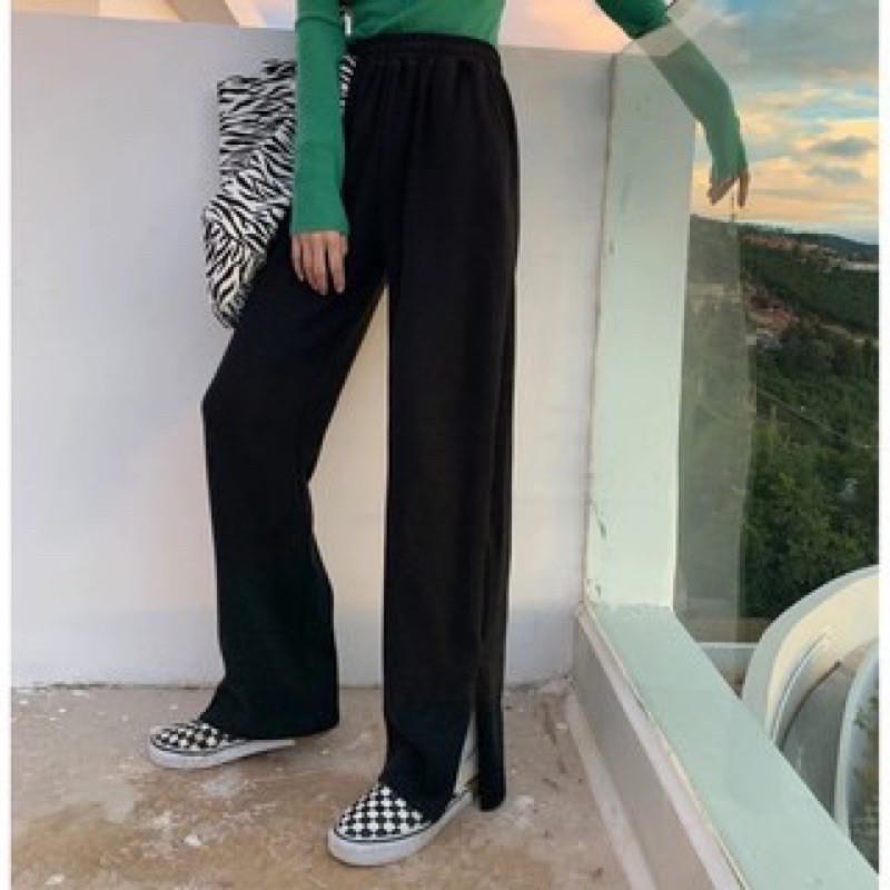 Quần Nỉ Ống Rộng Phối Dây Kéo CANI PANTS Dáng Suông Ulzzang (Đen/Xám)