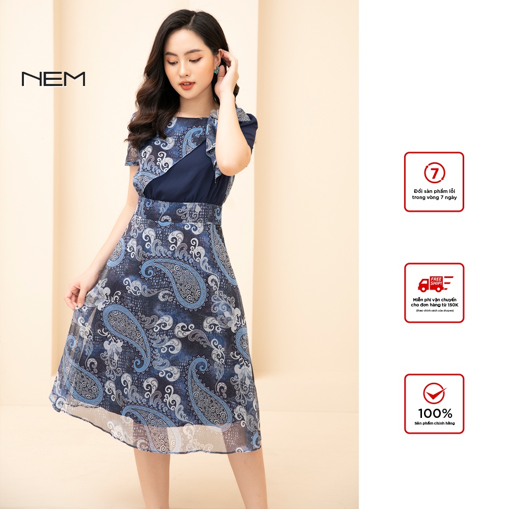 [Mã INCU50 giảm 50K đơn 250K] Đầm thiết kế cao cấp NEM dáng chữ A phối họa tiết D04842