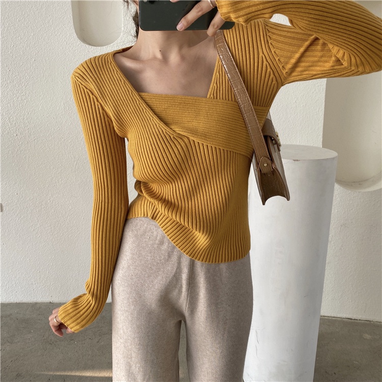 【ZHELIHANGFEI】Áo Sweater Dệt Kim Tay Dài Thiết Kế Cổ Chữ V Thanh Lịch