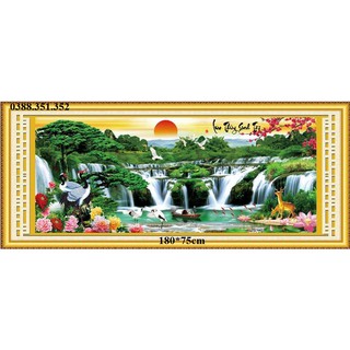 tranh thêu chữ thập phong canh thiên nhiên thác nước lưu thủy sinh tài kt 180x75cm