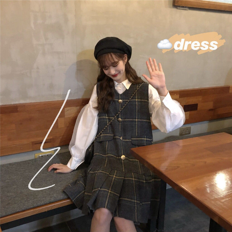 Set Đầm ôm Ca Rô Dài Tay Cổ Bẻ + Áo Khoác Cộc Tay Cổ Bẻ Thời Trang Cho Nữ