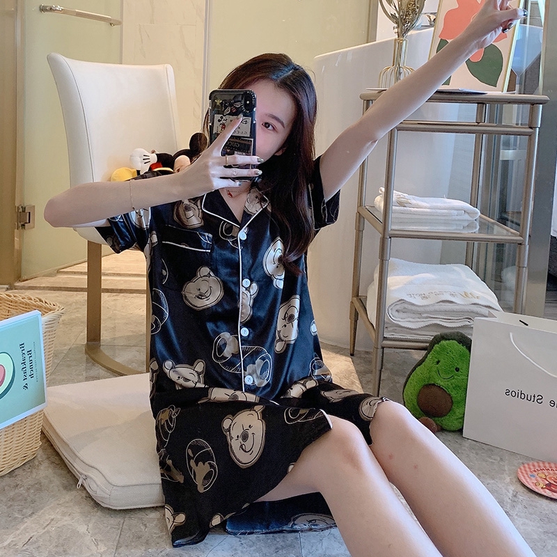 Đồ Ngủ Vải Lụa Lạnh Tay Ngắn Phong Cách Hàn Quốc Cho Nữ | BigBuy360 - bigbuy360.vn