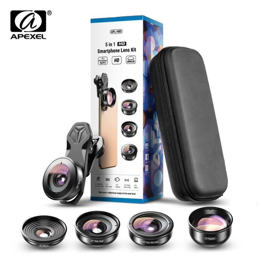 Bộ ống kính, lens 5in1 apexel chụp ảnh 4K cho điện thoại,smartphone,lens góc rộng,lens macro,lens mắt cá, tele zoom