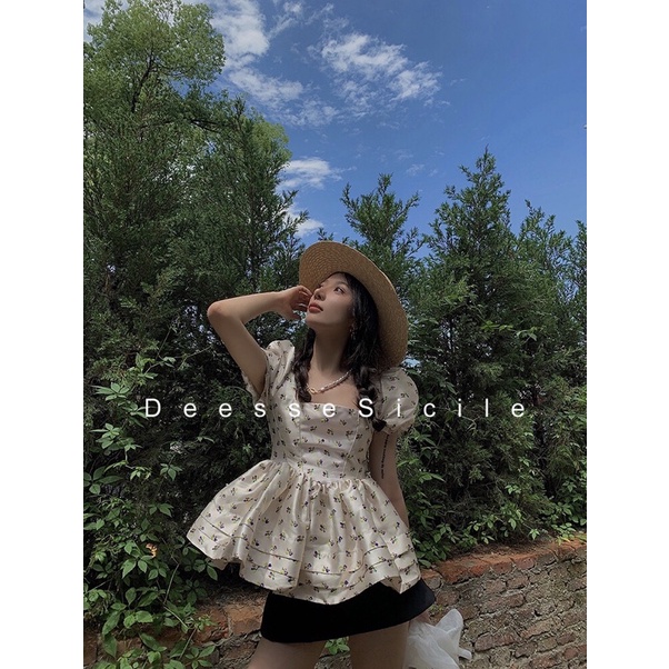 Áo Babydoll Hoa Nhí Cổ Vuông Tay Bồng Nơ Vai 2 Size SM