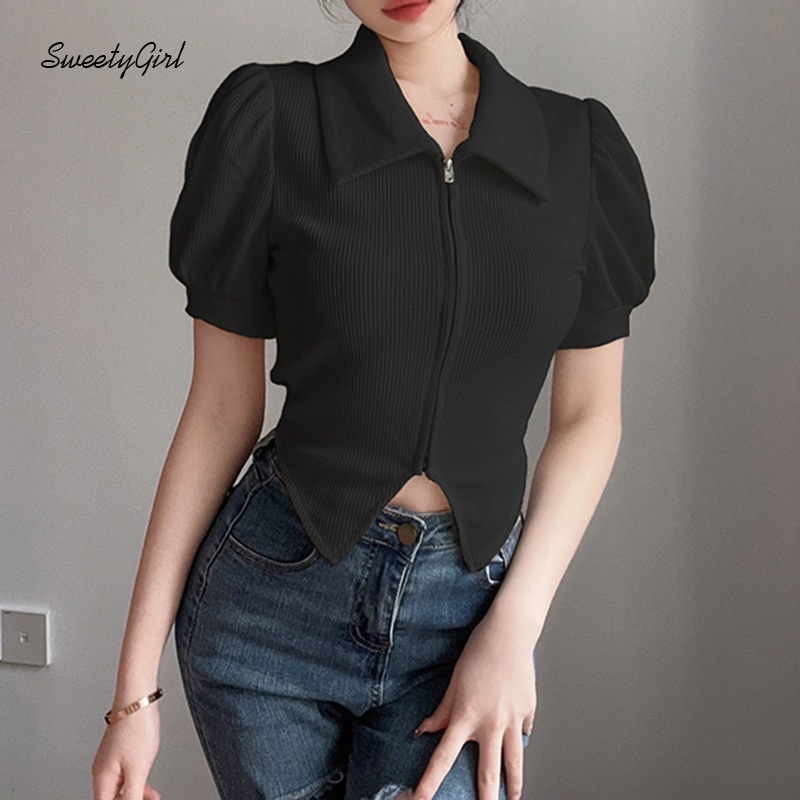 Áo Sơ Mi Tay Phồng Ngắn Cổ Bẻ Dáng Ôm Màu Trơn Phối Khóa Kéo Thời Trang Cho Nữ