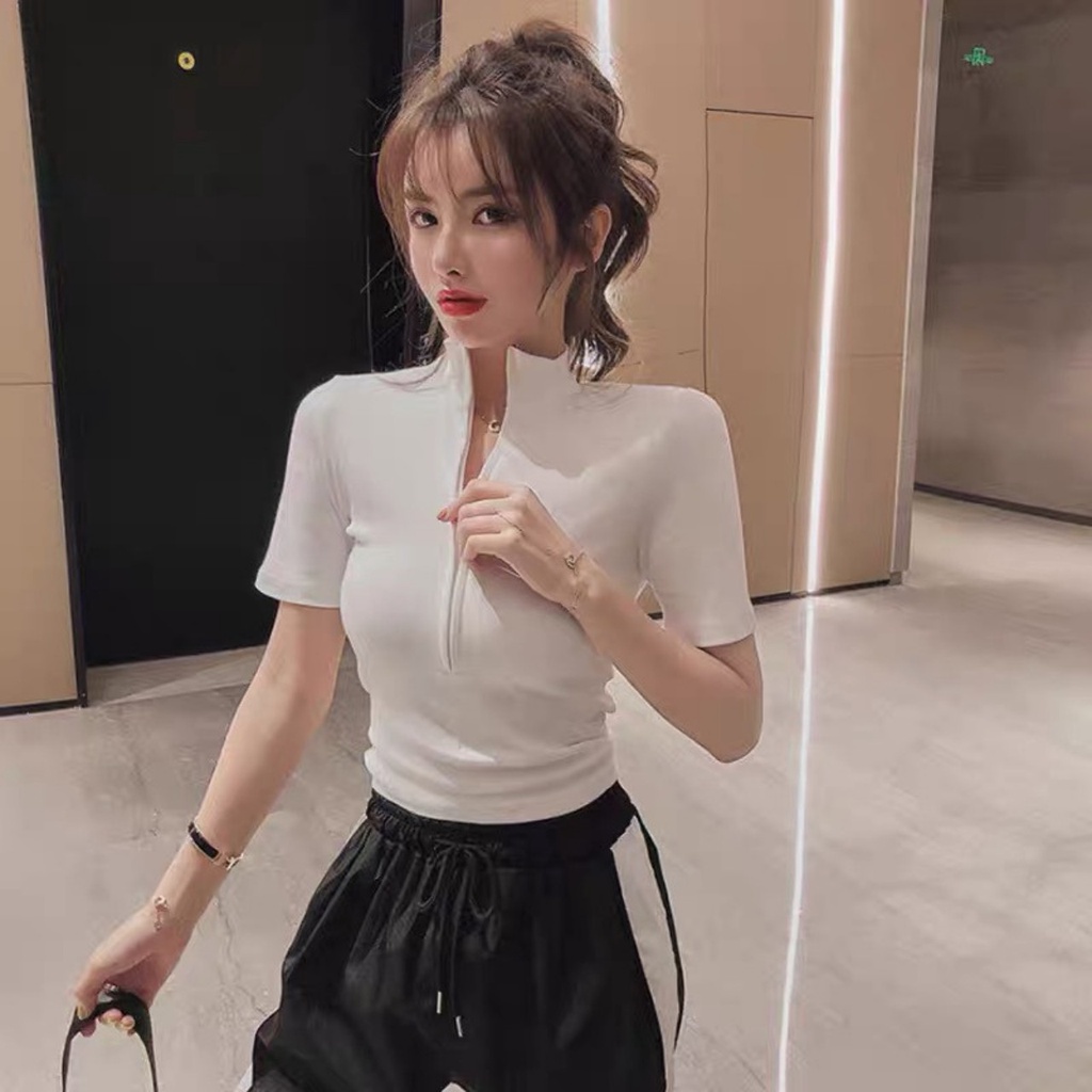 Áo Thun Ngắn Tay Phối Kéo Khoá Dễ Mix Đồ