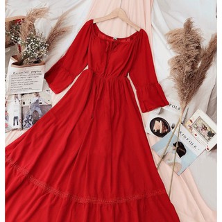 Đầm maxi voan trễ vai