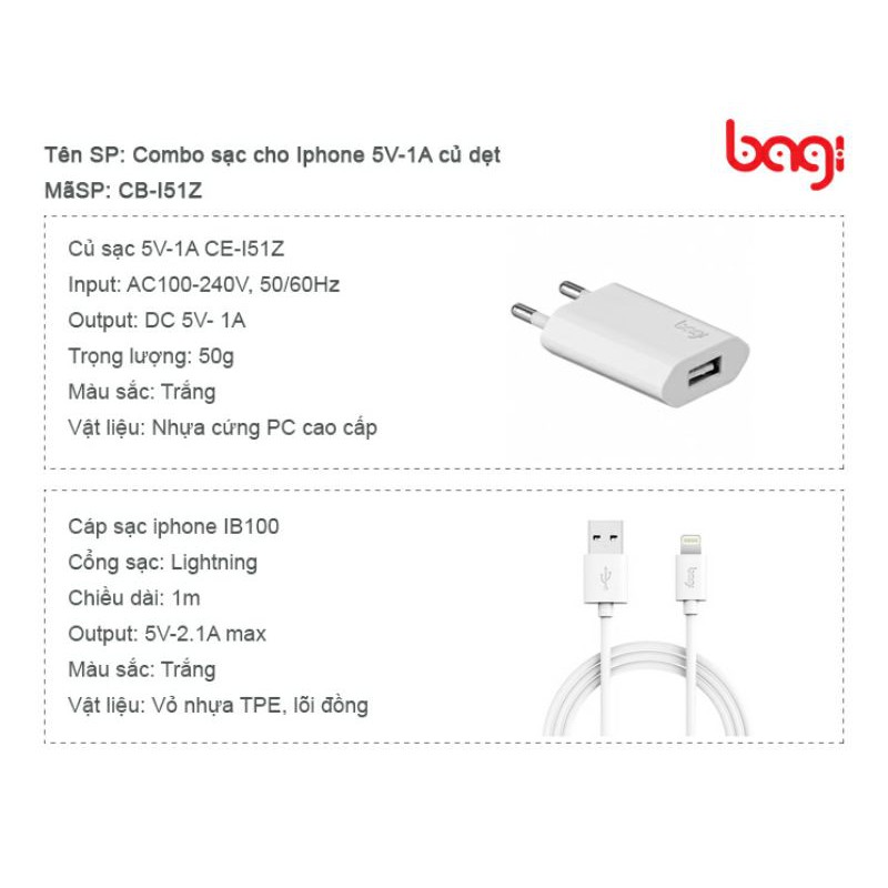 Combo sạc nhanh Bagi cho Iphone củ dẹt 5V-1A cáp dài 1m - Model: CB-I51Z; Củ Sạc 5V-1A CE-I51Z; Cáp Sạc Iphone IB100
