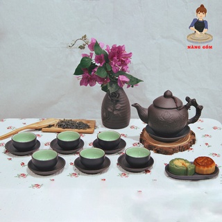 Bộ ấm chén pha uống trà tử sa ấm quai đắp vẽ sen Nàng Gốm Bát Tràng 400ml( bộ bình trà, bộ ấm trà)