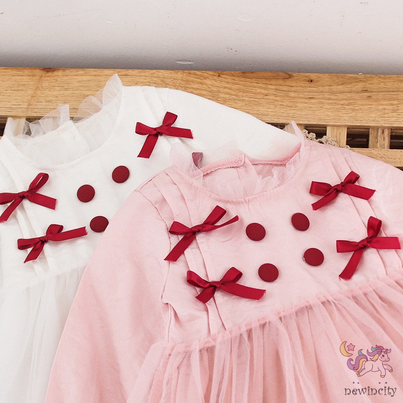 Váy Công Chúa Tay Dài Đính Nơ Đáng Yêu Cho Bé Gái