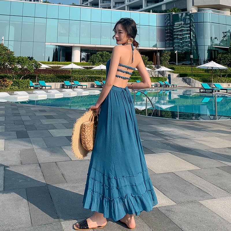 JANE'S Đầm maxi đi biển hở lưng Xanh Pastel thời thượng C2 kèn feelback  khách tặng shop | BigBuy360 - bigbuy360.vn