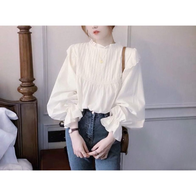Áo sơ mi đũi dài tay cổ bèo cúc sau babydoll