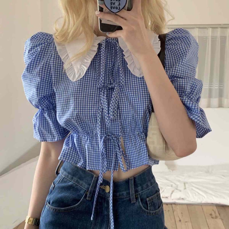 Áo sơ mi croptop tay ngắn cổ bèo kẻ sọc xanh phong cách Hàn Quốc