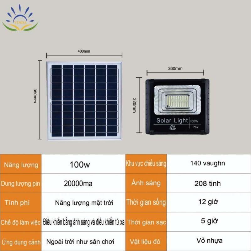 Đèn  năng lượng mặt trời VINDA 100W -IP67 tích điện. Tiện dụng mỹ quạn. ,, chống nước. Chất lương tốt