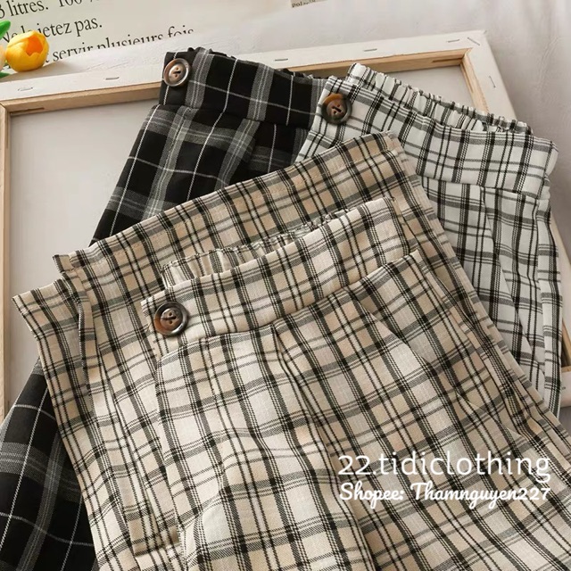 [ ORDER ] Quần caro ulzzang culottes ống suông phối lưng thun / quần ống rộng kẻ sọc trắng đen