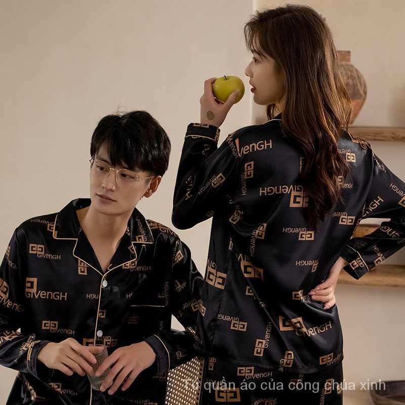 Bộ đồ ngủ tay dài vải lụa mỏng màu đen thời trang sang trọng cho cặp đôi