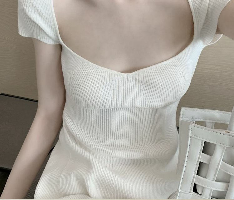 SUXI Đầm dệt kim ngắn tay cổ vuông thiết kế xinh xắn dành cho nữ