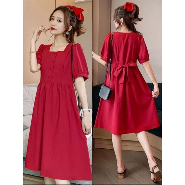 đầm bigsize thiết kế 40kg_120kg mẫu đỏ đô bèo nhúm cúc bọc rực rỡ vai bồng mặc đi làm đi chơi đêu xinh