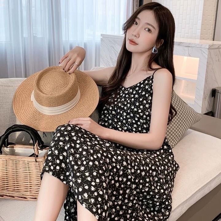 Váy Dây Treo Hoa Chấm Bi✨✨Phong Cách Mới Trong Mùa Xuân Và Mùa Hè✨Trung Bình Và Dài✨Đầm Chữ A Form Rộng Thiết Kế Xẻ Tà Xinh Xắn Cho Nữ