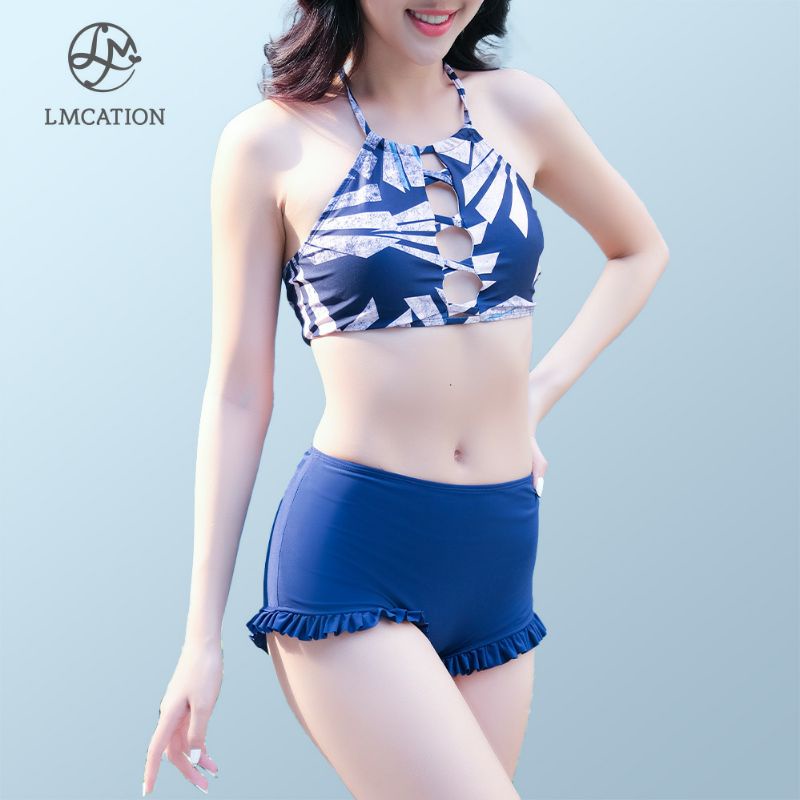Bộ Đồ Bikini Nữ LMcation - Áo Bikini Lola Cánh Quạt &amp; Quần Bơi Lưng Cao Phối Bèo Estella Xanh Đen