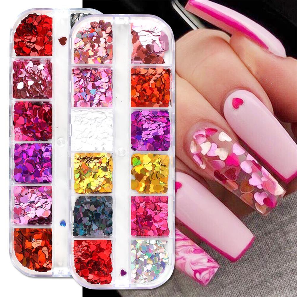 Hộp 12 Ngăn Sequin Hình Trái Tim 3D Dùng Trang Trí Móng Tay Nghệ Thuật DIY