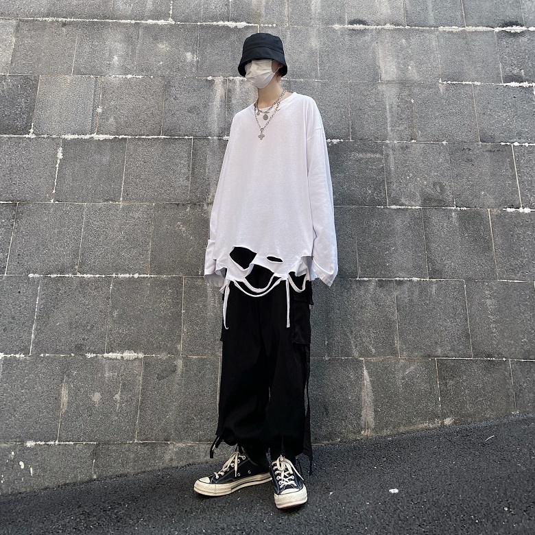 Áo thun tay dài màu trơn thiết kế rách cá tính 222009 Áo thun tay dài dáng rộng vải mỏng kiểu Hip-Hop đường phố cá tính | BigBuy360 - bigbuy360.vn