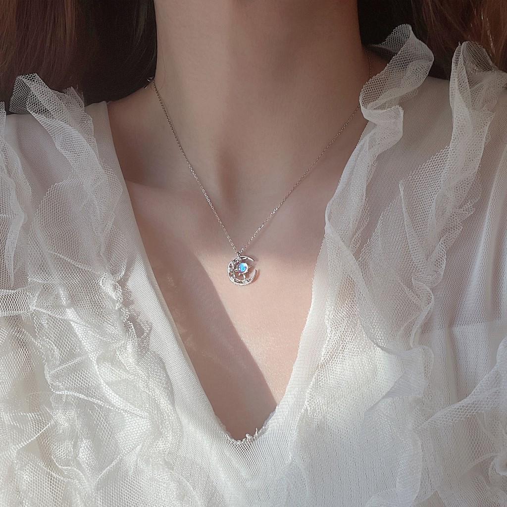 Vòng cổ S925 hình mặt trăng và ngôi sao đính đá kiểu dáng thời trang cho nữ