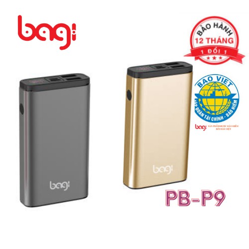 Pin sạc dự phòng BAGI 10.000MAH màu đen, vàng P9 - Chính hãng bảo hành 12 tháng 1 đổi 1