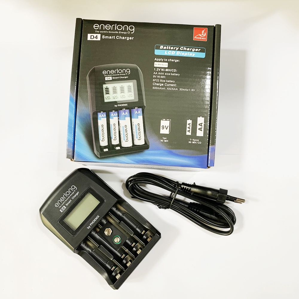 Combo máy sạc pin ENERLONG D4 Smart charger + KÈM pin sạc 4 viên AA 2200mAh, 2600mAh (Hàng nhập khẩu)