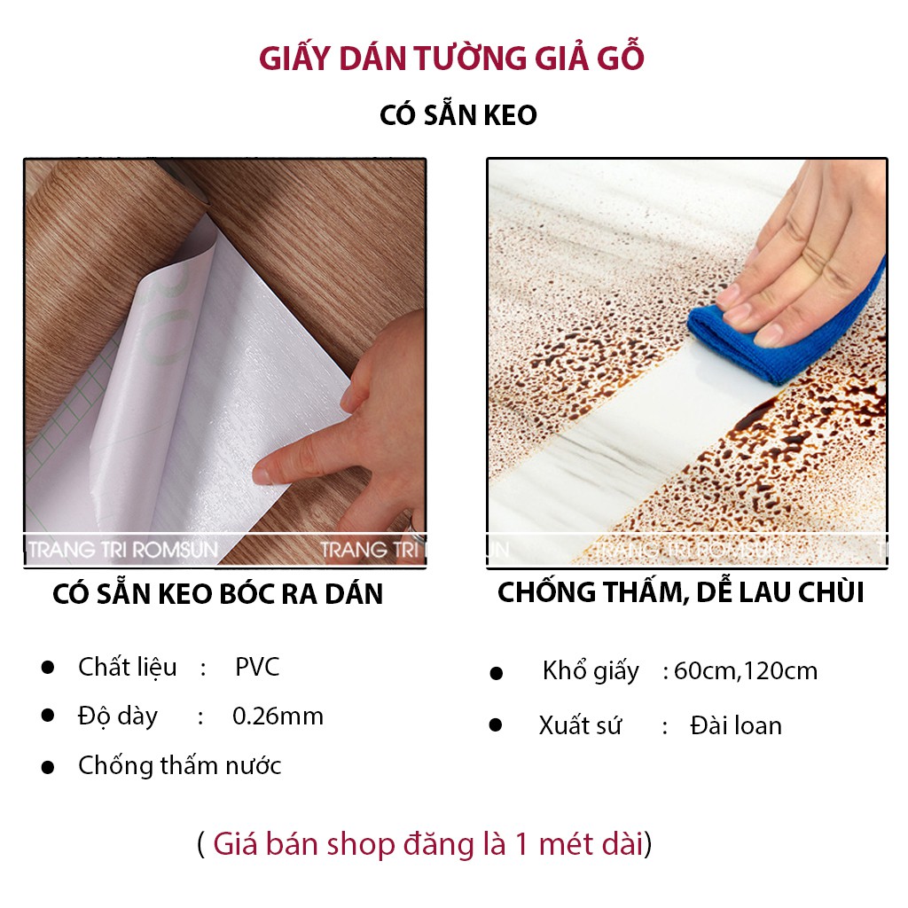 Giấy dán tường giả gỗ 3D khổ 60cm 1m2 dán phòng ngủ- Giấy miếng dán trang trí tường vân gỗ châu âu