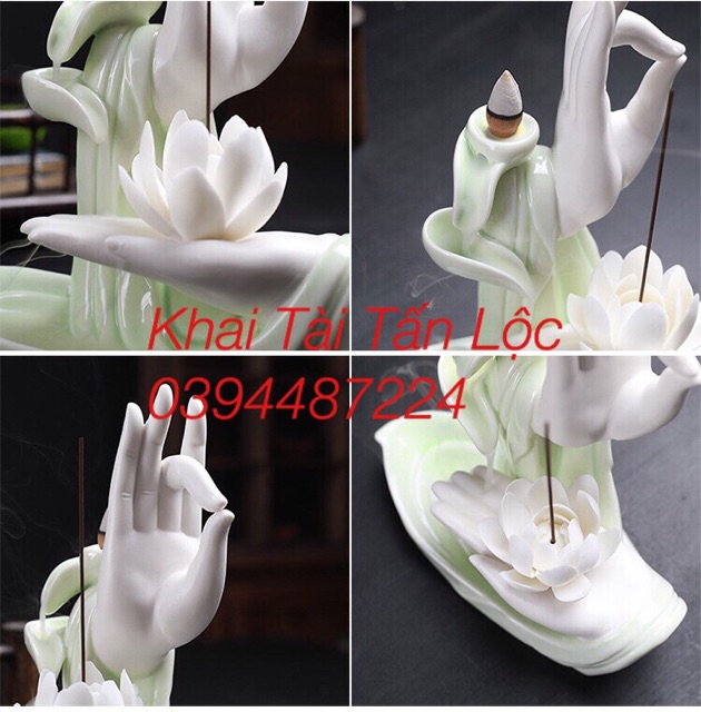 Thác khói trầm tay Phật hoa sen gốm có đế đèn led tặng 10 nụ trầm sạch