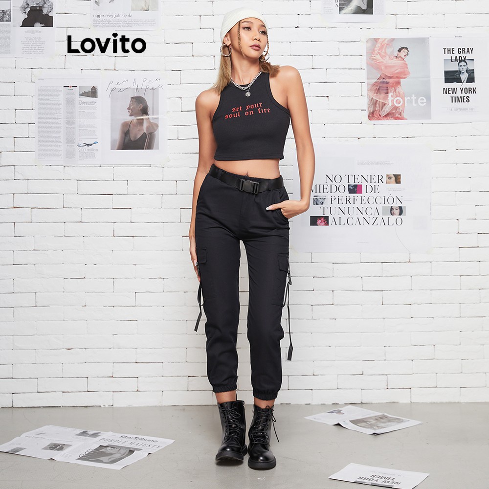 Áo croptop sát nách Lovito không tay in chữ phong cách thường ngày L08145 (đen) | BigBuy360 - bigbuy360.vn