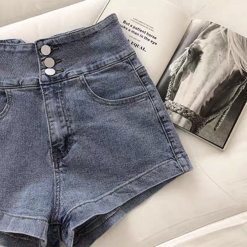Jiashucheng Quần Short Denim Chữ a Lưng Cao Ống Rộng Phối Dây Xích Kim Loại Thời Trang Mùa Hè Cho Nữ