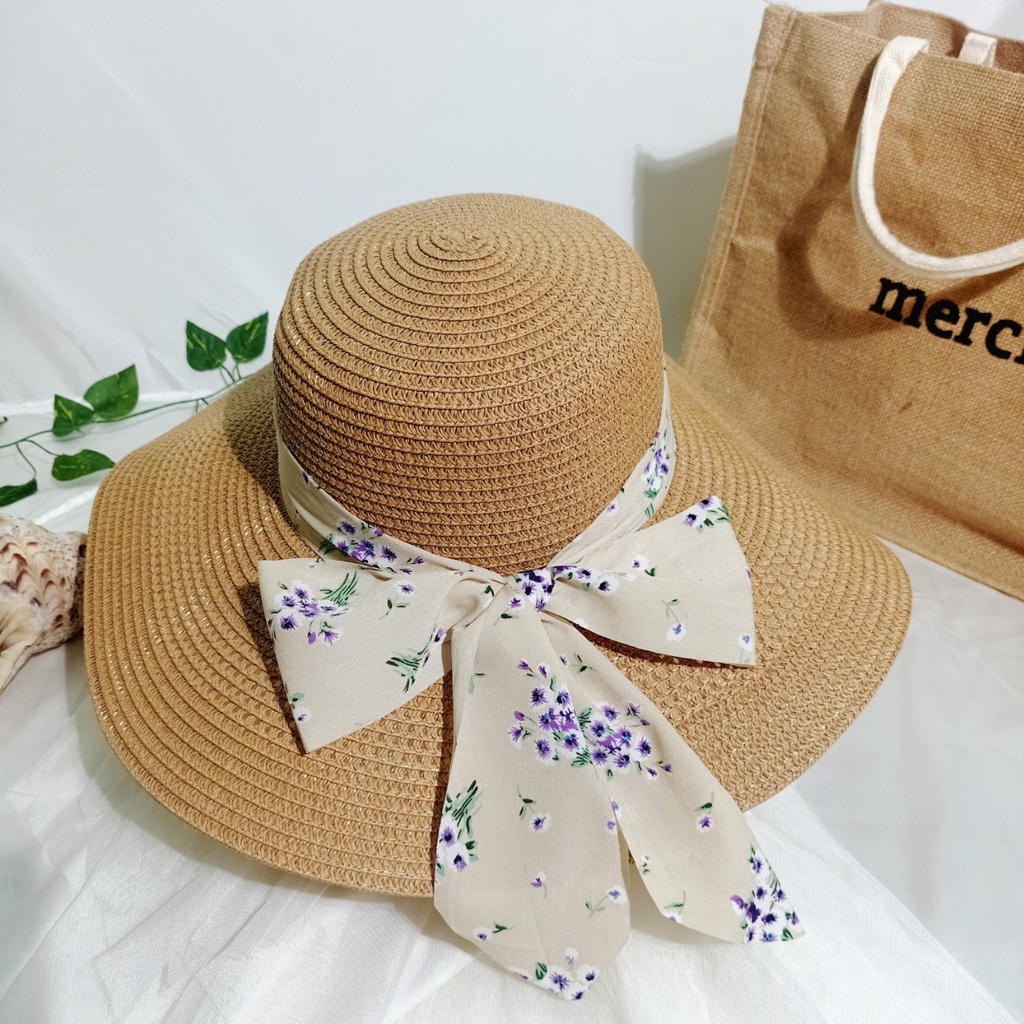 Nón cói/mũ cói nữ đi biển vành rộng phối nơ voan to sang chảnh hình chụp thật-vành rộng nơ voan