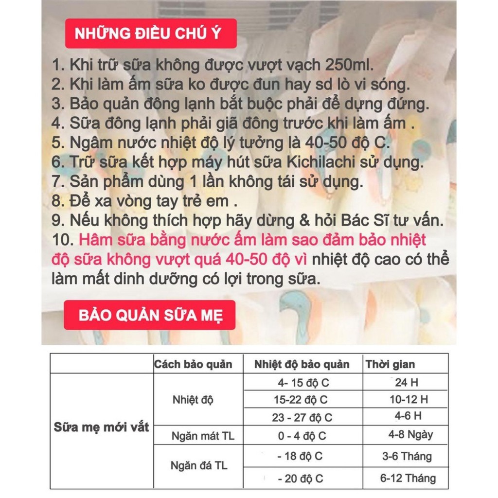 (Thanh lý ruột không hộp đựng) Hộp 32 túi trữ sữa Kichilachi 200ml siêu đáng yêu