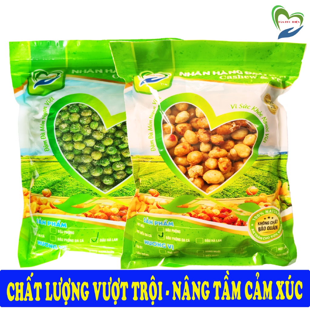 Combo 1KG: Đậu Phộng Da Cá Rang Tỏi Ớt và Đậu Hà Lan Phô Mai Tâm Đức Thiện 2 x Túi 500GR đồ ăn vặt