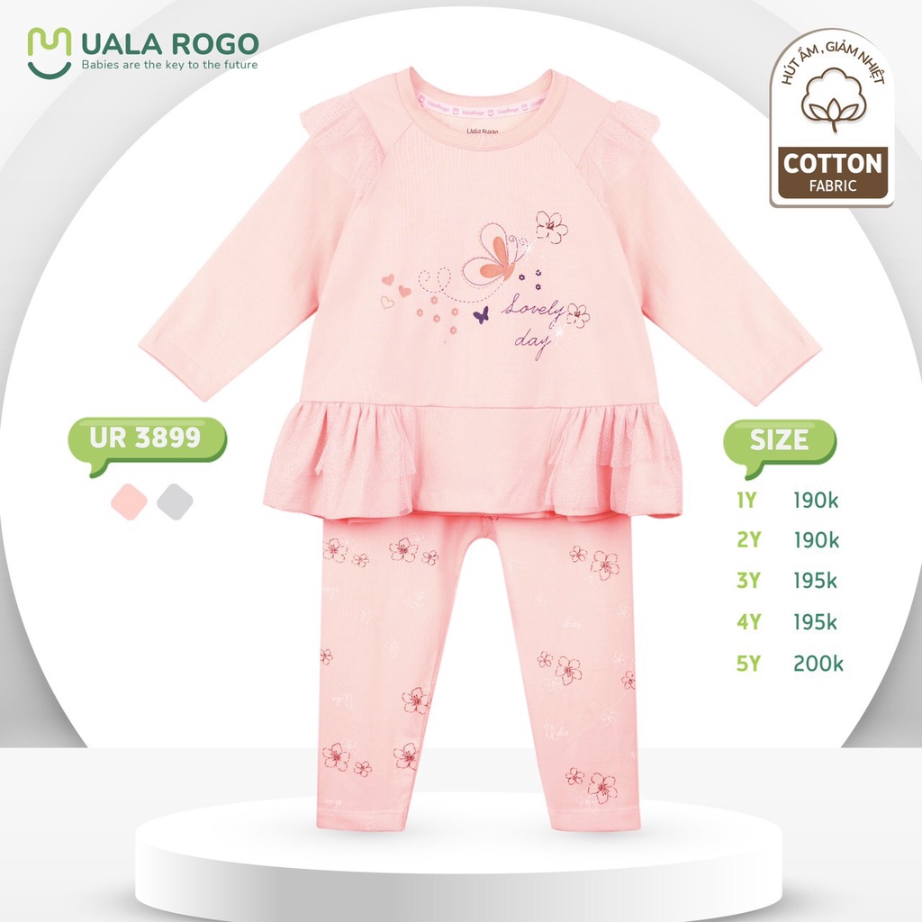 Bộ thu đông cho bé Uala rogo 1-5 tuổi cotton dài tay đuôi bèo cho bé gái giữ ấm UR3899